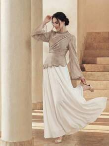 Anewsta Women's Solid Color Mandarin Collar Asymmetrical Rhinestone Embellished Flared Soft Elegant Dress - Apricot - View 3