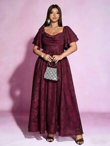 SHEIN PETITE CURVE Plus Size Comfortable Jacquard Casual Elegant Dress, Suitable For Spring And Summer Evening Formal Wedding Burgundy - Burgundy - View 4