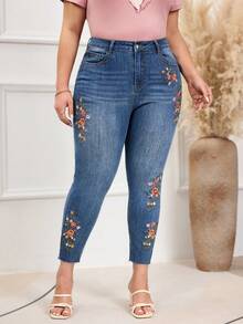 EMERY ROSE Plus Size Women's Autumn Embroidered Vintage Washed Denim Jeans Brown - Medium Wash - View 7