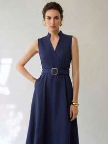 Uhlyne Uhlyne Đầm xanh navy cổ đứng, không tay, thắt eo, dáng chữ A, chất liệu cotton pha, thích hợp cho công sở và mặc thường ngày mùa hè. - Màu xanh hải quân - Xem 3