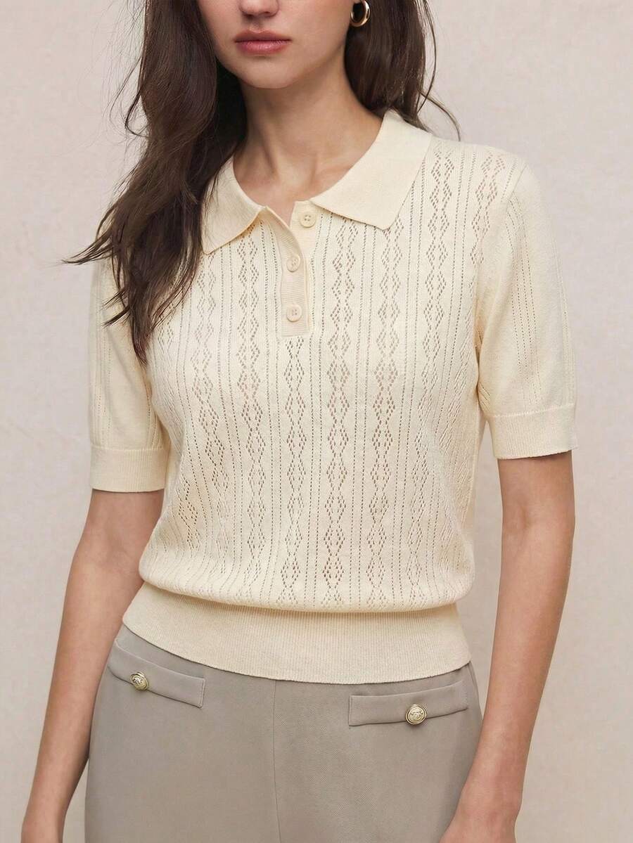 BizChic 杏色 Polo 领半拉链毛衣,菱形网眼针织图案,轻盈透气,适合办公室、通勤、商务、社交场合、正式场合、毕业典礼、优雅都市休闲、90 年代复古风、婚礼、派对、度假、音乐会、早午餐、机场等各种场合。 - 米色 - 查看 1