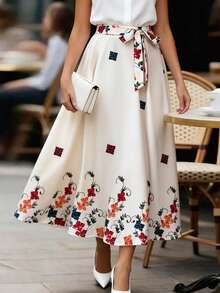 GlowEve Bohemian Printed A-Line Skirt, Waist Cinched, Versatile For Beach, Vacation, Commute, Date, Retro French Street Style, Spring/Summer, Multiple Colors - Multicolor - View 5