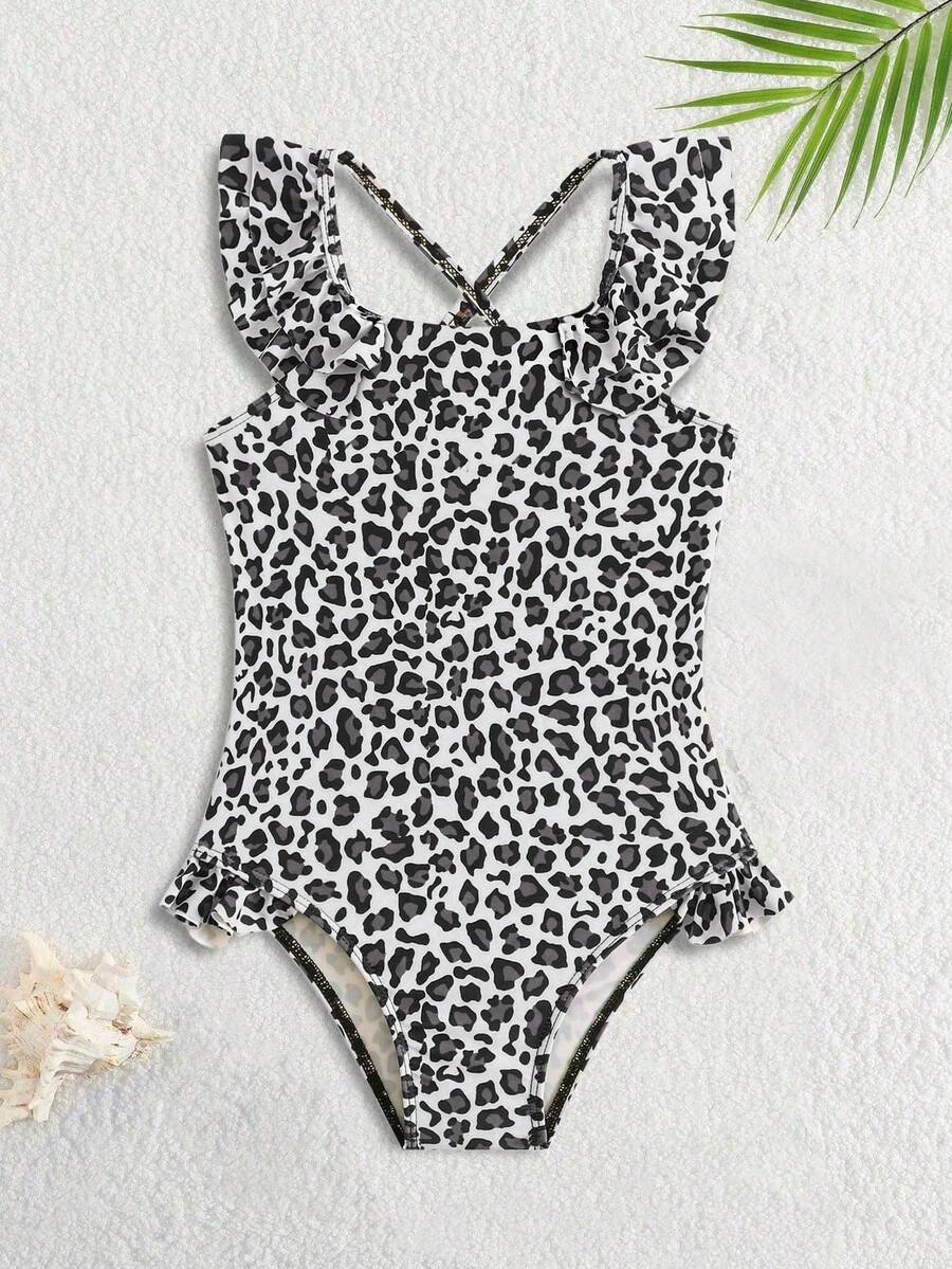 Baby Girl Leopard Print One-Piece Swimsuit,Adorned With Ruffles,Cute & Conservative Beach Sun Screen,Summer,Holiday,Swimming,Pool Party,Vacation - Multicolor - View 1