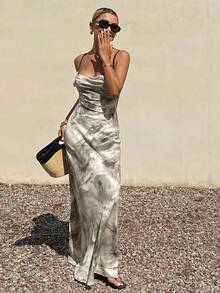 Livesso Đầm midi màu xám nhuộm tie-dye, dây mảnh, hở lưng, kiểu dây chéo, phong cách thường ngày, thích hợp cho kỳ nghỉ, đường phố, lễ hội âm nhạc, dành cho nữ, mùa xuân/hè. - Màu be - Xem 5