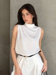 DAZY Women's Casual Solid Color Pleated Collar Sleeveless Shirt, Summer - Beige - View 6