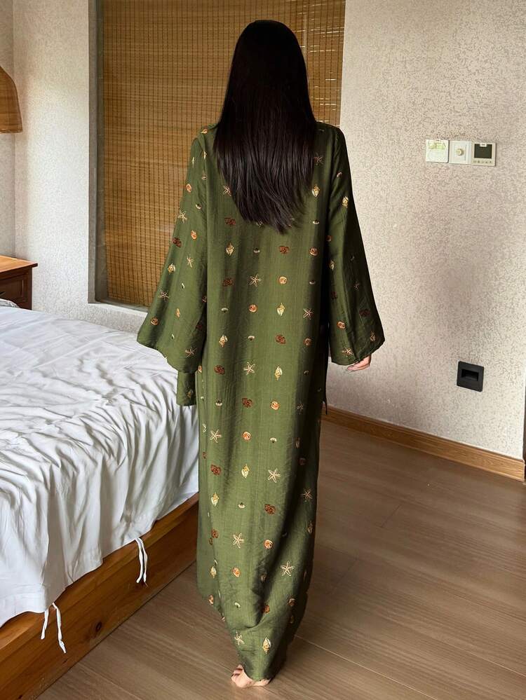 Vacation Style Ocean Element Allover Print Robe & Headscarf Set, Women Nightgown