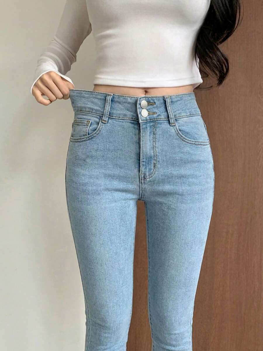 DAZY 女士休闲日常通勤百搭修身牛仔裤 - 藍色 - 查看 1