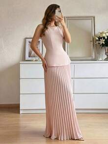 Modelyn Đầm không tay xếp ly màu trơn thanh lịch dành cho nữ, thích hợp cho các dịp trang trọng. - Màu Hồng baby - Xem 3
