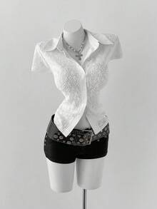 Sunspun Camisa de manga corta de ajuste ceñido con parches de unicolor, jacquard y calado para tallas grandes - Blanco - Ver 5