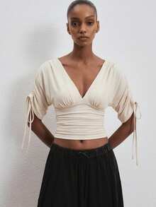 ATUI Studio Women's Ruched Waist Drawstring Sleeve Top - Soft Stretchy Cotton Modal Blouse With Pleated Detail For Summer Going Out - Light Grey - View 2