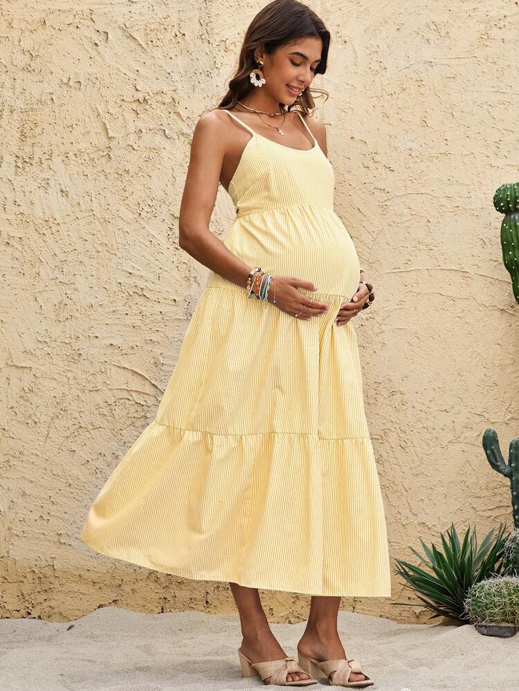Boho Mama Vestido Halterneck Casual de Férias de Maternidade com Listras e Amarração na Frente, Costas Abertas - Amarelo - Visão 6