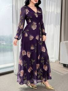 Feyla New Rose Flower Elegant Charming Elegant High-End Cinched Waist Dress For Women - Purple - View 6