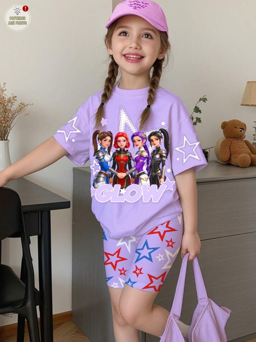 SHEIN 2件套少女休闲时尚彩色韩流女团字母星星印花套装，KPOP风格紫色圆领短袖T恤和短裤，适合夏季穿着 - 彩色 - 查看 1