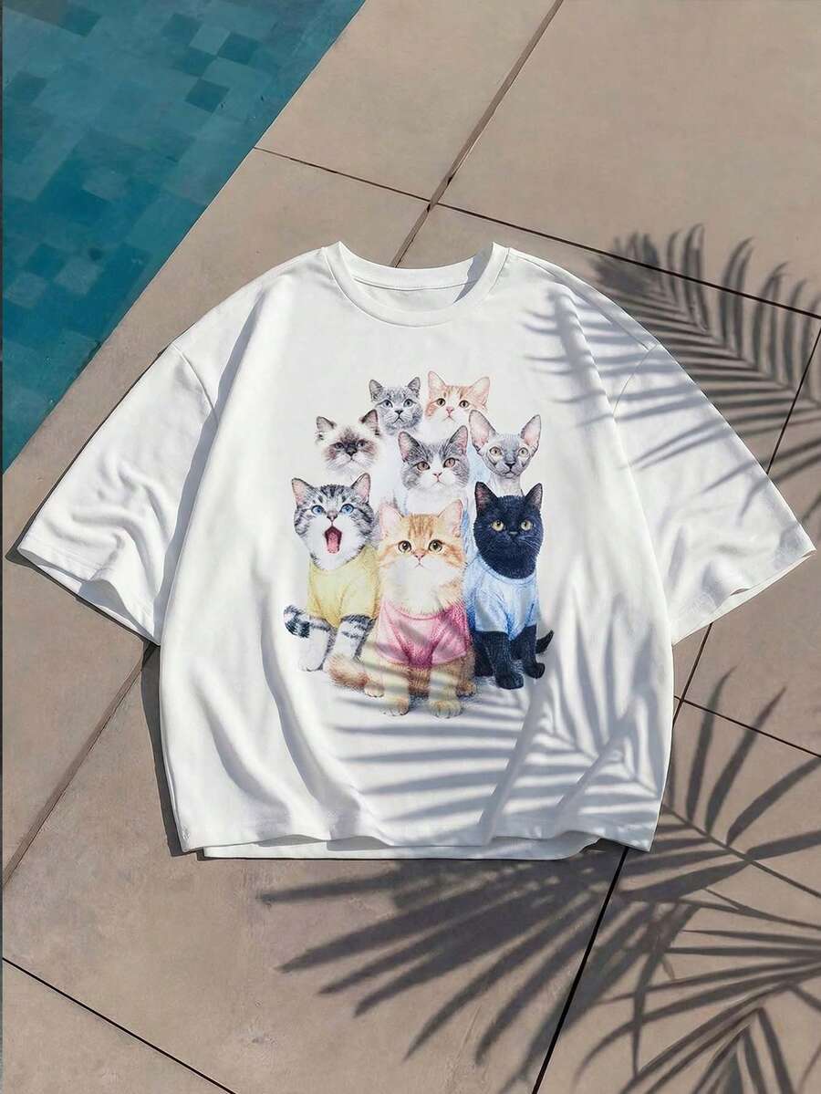 AXEPEAK Camiseta de manga corta con cuello redondo y estampado de gato de dibujos animados para hombre - Blanco - Ver 1