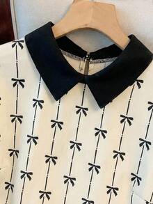GlowEve CURVE Plus Size Contrast Color Collar Short Sleeve Polka Dot Print Shirt - Apricot - View 3