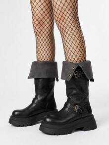 ROMWE Goth 西部风格搭扣假日复古英伦厚跟高筒女靴，2025秋冬新款，修身骑马靴，派对靴 - 黑色 - 查看 3