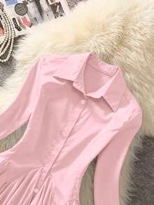 Selianne Áo khoác cardigan dài tay cổ bẻ, thanh lịch, thoải mái, quyến rũ, mang phong cách retro tối giản cao cấp, lãng mạn dành cho nữ, thích hợp cho kỳ nghỉ, đi làm, có thắt eo và viền bèo nhún, màu trơn. - Hồng - Xem 6