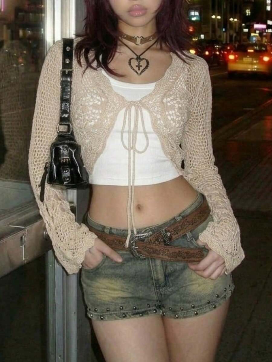 EgrlEra Áo len cardigan dài tay màu trơn đơn giản hàng ngày dành cho nữ - Màu Khaki - Xem 1