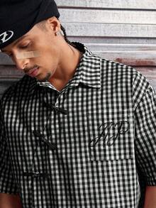 AXEPEAK 男士休闲格子纽扣衬衫，夏季 - 黑與白 - 查看 5