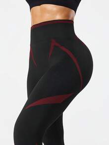Seamluxe SHEIN Sport V腰撞色紧身瑜伽裤，女士无缝运动裤，防走光运动跑步紧身裤 - 紅色 - 查看 4