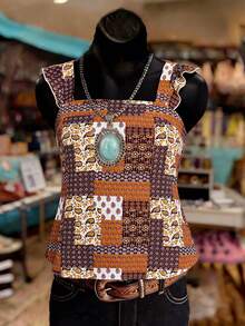 Áo tank top nữ dáng rộng, bèo nhún, in họa tiết phong cách bohemian, thích hợp cho mùa xuân/hè, thương hiệu LanaWest. - màu nâu - Xem 3