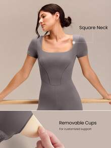 GLOWMODE 24" FeatherFit™ Tummy Control U-Back Square Neck Jumpsuit Low Impact Yoga Daily Removable Cups - Volcanic Gray - View 4