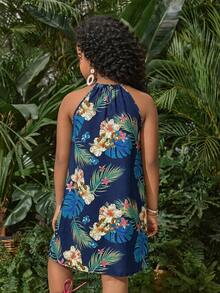 SHEIN Tween Girls' Floral Print Sleeveless Casual Vacation Dress,Kids,Mothers Day Outfit,Graduation,Mommy And Me Matching Outfits - Navy Blue - View 2
