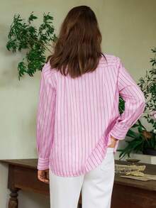 Dayvera Áo sơ mi nữ kẻ sọc cài một hàng khuy, kiểu dáng thường ngày đa năng. - Hồng - Xem 9