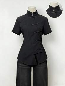 INAWLY Women's Solid Color Retro Chinese Style Mandarin Collar Asymmetric Button-Up Blouse - Black - View 1