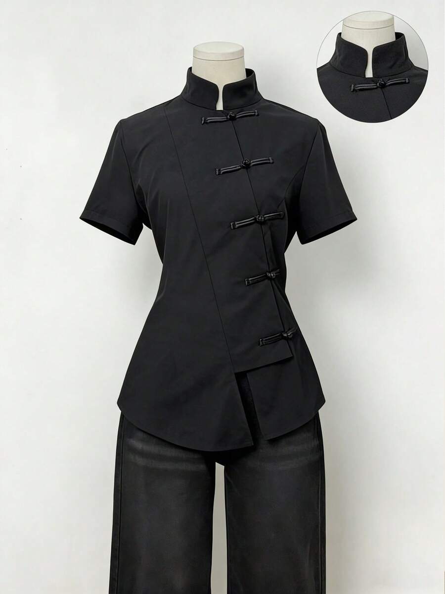 INAWLY Women's Solid Color Retro Chinese Style Mandarin Collar Asymmetric Button-Up Blouse - Black - View 1