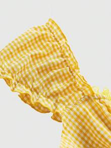 ROMWE Kawaii Cute Bow Decor Square Collar A-Line Plaid Plus Size Shirt - Yellow - View 4