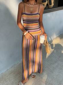 DAZY Summer Holiday Party Outfit Brown Spaghetti Strap Striped Fitted Mid-Length Dress For Women - Coffee Brown - View 1