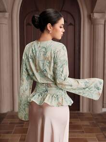 Graceveil Áo kiểu nữ thanh lịch cổ tròn, vai rớt, tay dài, eo nhún, họa tiết hoa. - Màu be - Xem 4