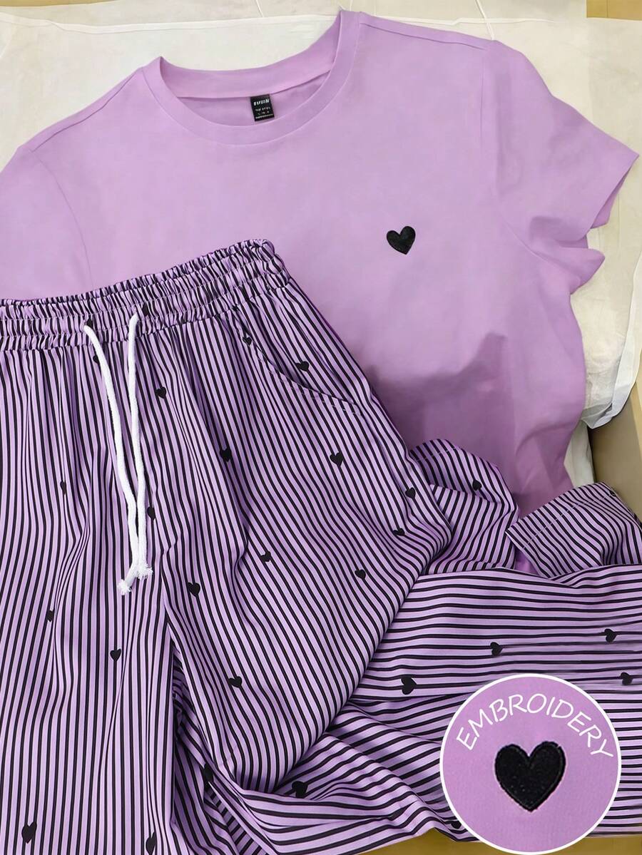 SHEIN 少女爱心印花短袖T恤和条纹裤套装 - 紫色 - 查看 1