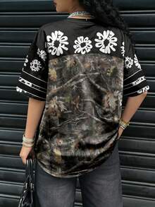 INAWLY Loose Casual Streetwear Y2k Oversized Short Sleeve Round Neck Mid-Length T-Shirt Everyday Black Camo Summer - Multicolor - View 2