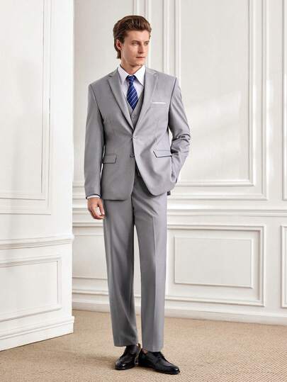 Officeau Furuyal 男士三件套优雅西装套装，男士纯色双排扣修身单排扣婚礼西装外套、马甲、西裤和领带套装，浅灰色，尺码 XS-3XL