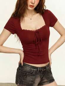 Rina Fox 女士酒红色纯色蕾丝领系带修身短袖T恤 - 酒紅色 - 查看 3