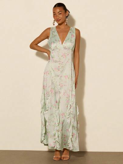 COSMINA 女士优雅派对花卉印花荷叶边无袖连衣裙