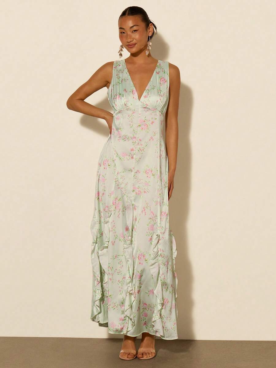 COSMINA Women's Elegant Party Floral Print Ruffle Hem Sleeveless Dress - Multicolor - View 1