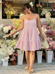 GalTyme Plus Size Pink Spaghetti Strap Backless Summer Dress - Pink - View 4