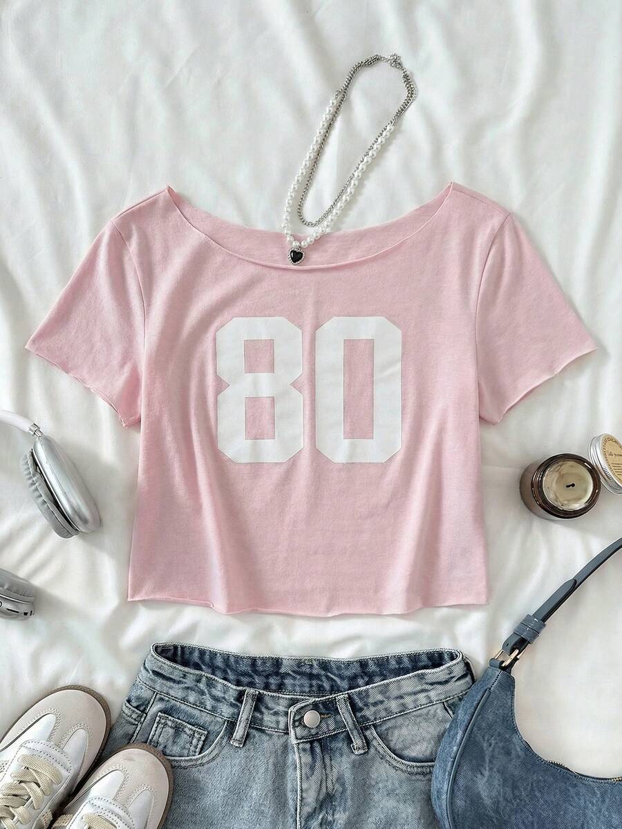 Áo thun nữ tuổi teen phong cách đường phố thường ngày, kiểu vintage, in số, vai lệch, tay raglan, dáng rộng, chất liệu mềm mại, màu trơn, màu xanh navy. - Nhiều màu - Xem 1