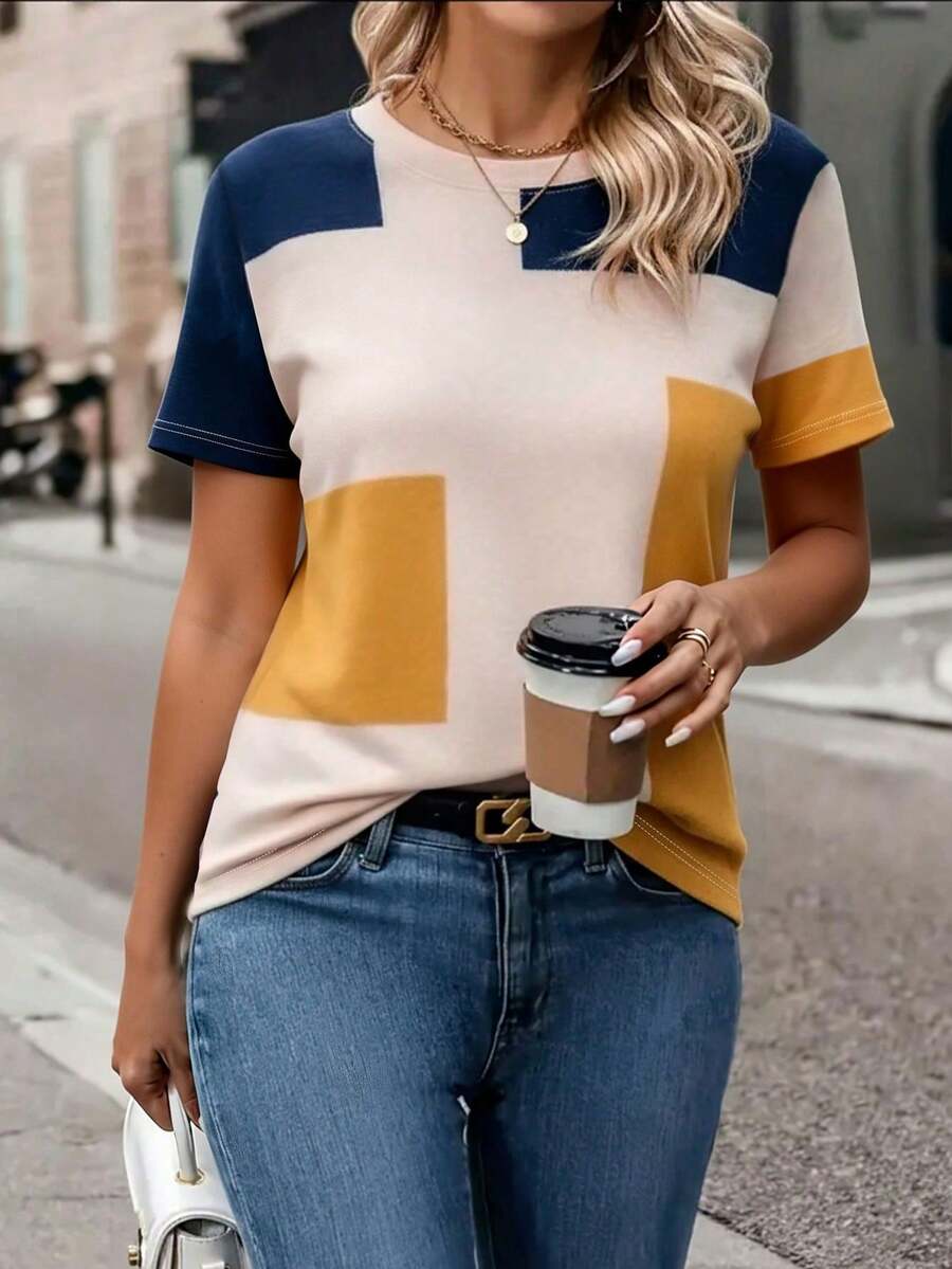 EMERY ROSE 女士夏季休闲修身T恤，蓝橙撞色拼接印花图案设计，优雅短袖，舒适百搭，适合日常穿着，户外活动和办公场合皆宜。 - 彩色 - 查看 1