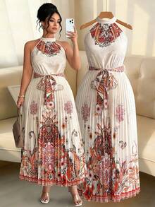 SHEIN Elenzya Large-Sized Woven Elegant Pleated Summer Women's Dress - Apricot - View 5