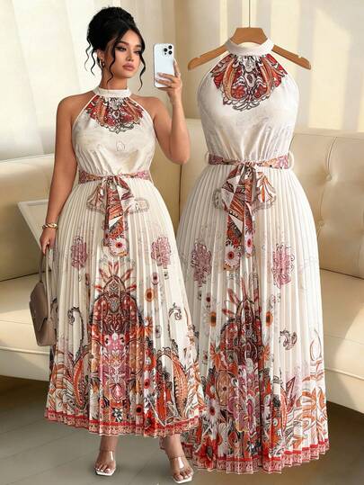 SHEIN Elenzya Large-Sized Woven Elegant Pleated Summer Women's Dress