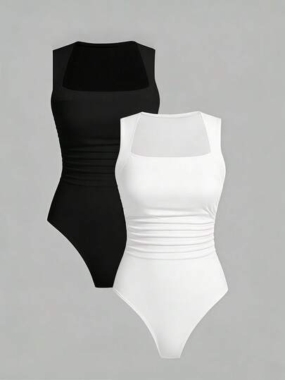 Franclia Women's White Square Neck Sleeveless Bodysuit - Slim Fit Stretchy Tank Top Bodysuit For Casual Daily & Party Wear Bodysuit Pack Bodysuits For Women Tummy Control Body Suits For Women Bodysuits For Women Basics