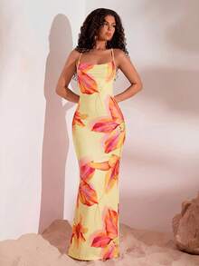 Opulessa 女士深V领露背度假印花连衣裙 - 黃色 - 查看 5