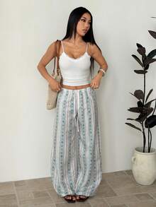 SHEIN PETITE New Romantic Striped Bubble Wrinkle Print Cute Cartoon Comfortable Versatile Pants - Green - View 5