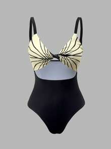 Swim Oasis 女士印花扭结前开襟镂空连体泳衣套装，含罩衫裤，沙滩度假风 - 彩色 - 查看 3