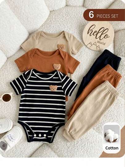 Set de 6 piezas de pelele para bebé niño/niña recién nacido. Cómodo, casual, lindo, con bloques de color, rayas y estampado de estrellas. Conjunto de pelele de manga corta con top de punto y pantalones. Adecuado para primavera y verano, interior y exterior, uso diario, deportes, juegos, fiestas, sesiones de fotos, vacaciones, fiestas, celebraciones de luna llena, bautizos y primeros cumpleaños, baby showers.