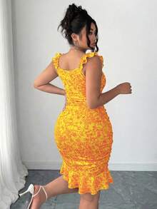 Elenzga Plus Size Women's Spring/Summer Vacation Floral Print Dual-Color Pleated Flutter Sleeve Ruffle Hem Tie Front Bodycon Mini Dress - Orange - View 2
